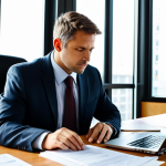 A focused professional lawyer, fully clothed in a modest business suit, intently looking at a laptop screen on a modern office desk. The desk is adorned with neatly stacked legal documents and a steaming cup of coffee, signifying the early morning rush. Soft, natural morning light streams through a large window, illuminating the scene. The atmosphere conveys a sense of urgency and preparedness, as if managing a critical situation right from the start of the day. This is a professional photography shot, high quality, with perfect anatomy, correct proportions, and a natural pose. Well-formed hands and proper finger count are visible. Safe for work, appropriate content, appropriate attire, family-friendly, natural body proportions.