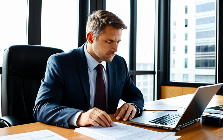 A focused professional lawyer, fully clothed in a modest business suit, intently looking at a laptop screen on a modern office desk. The desk is adorned with neatly stacked legal documents and a steaming cup of coffee, signifying the early morning rush. Soft, natural morning light streams through a large window, illuminating the scene. The atmosphere conveys a sense of urgency and preparedness, as if managing a critical situation right from the start of the day. This is a professional photography shot, high quality, with perfect anatomy, correct proportions, and a natural pose. Well-formed hands and proper finger count are visible. Safe for work, appropriate content, appropriate attire, family-friendly, natural body proportions.