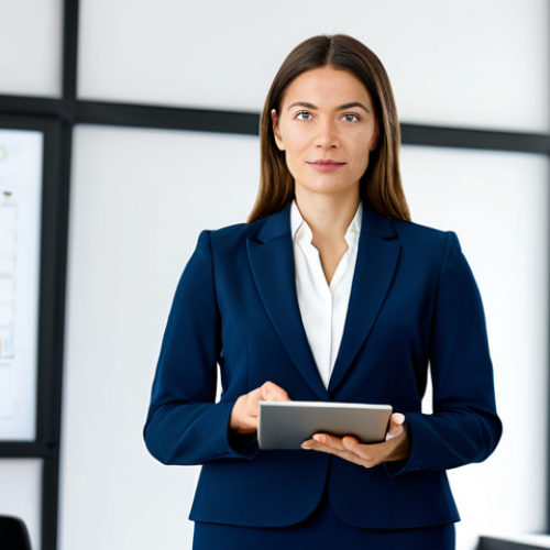 Home 14 A professional female legal consultant in a modest business suit, standing confidently in a modern, bright office, holding a tablet displaying subtle digital charts. The setting is clean and minimalist, emphasizing clarity and innovation. She maintains a professional, thoughtful expression. Fully clothed, appropriate attire, safe for work, perfect anatomy, correct proportions, natural pose, well-formed hands, proper finger count, natural body proportions, professional photography, high quality, family-friendly.