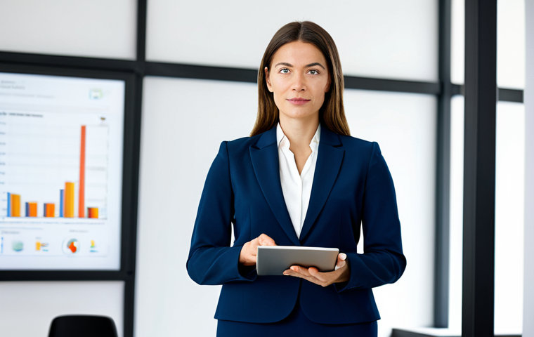 A professional female legal consultant in a modest business suit, standing confidently in a modern, bright office, holding a tablet displaying subtle digital charts. The setting is clean and minimalist, emphasizing clarity and innovation. She maintains a professional, thoughtful expression. Fully clothed, appropriate attire, safe for work, perfect anatomy, correct proportions, natural pose, well-formed hands, proper finger count, natural body proportions, professional photography, high quality, family-friendly.